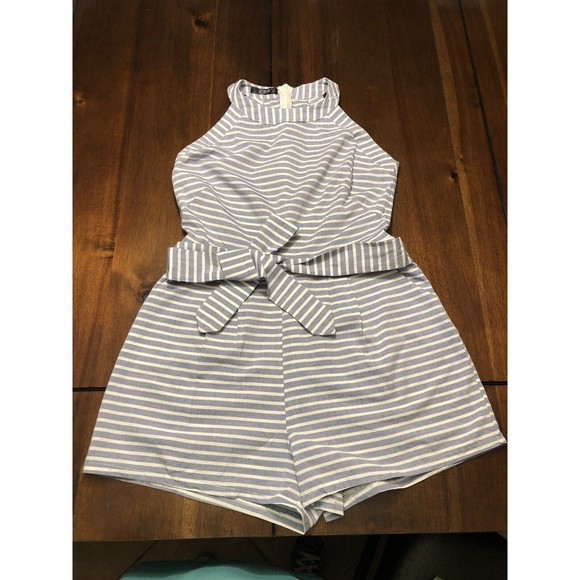 CBR Pants - CBR Women Small Blue White Striped High Neck Sleeveless Romper Jumper Shorts